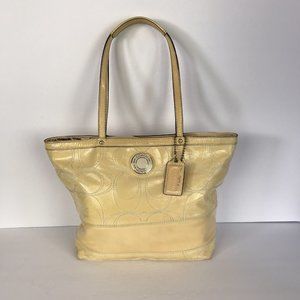 COACH Tote Bag Yellow Patent Brass Hardware Navy Lining